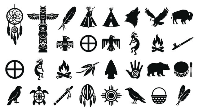 Native American spirituality vector silhouette icon sheet with flat black dreamcatcher totem pole eagle feather teepee shapes white background