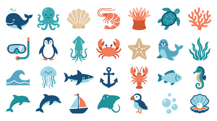 Colorful sea life icons and aquatic elements set. © GW
