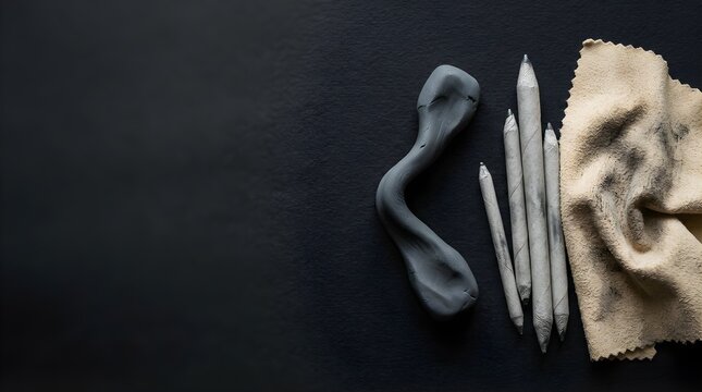 Art supplies including tortillons and eraser on a dark textured background