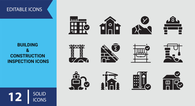 Solid Construction Inspection Icons for Structural Auditing Safety Checklists and Building Project Management