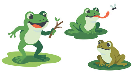 Naklejka premium Set of cute green frog characters in various poses.