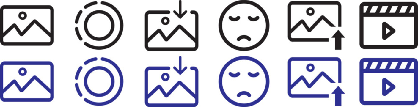 media icon set camera photo gallery video upload download emoji outline symbol for app interface. Media and File Management Icon Set, Camera Image Upload Download Video and Folder Outline Vector Colle