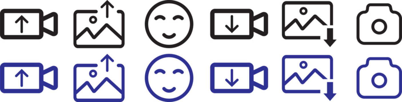 media icon set camera photo gallery video upload download emoji outline symbol for app interface. Media and File Management Icon Set, Camera Image Upload Download Video and Folder Outline Vector Colle