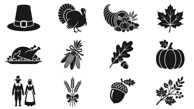 Traditional Thanksgiving vector silhouette icon sheet with clean black pilgrim hat turkey cornucopia autumn leaf shapes white background grid