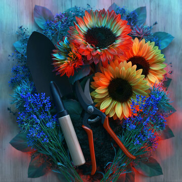 Sunflowers, Lavender and Garden Tools Flat Lay on Wooden Table