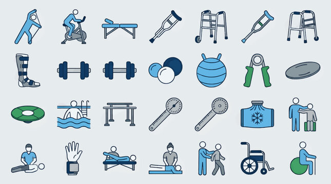 Flat Vector Icons for Rehabilitation and Physical Therapy, Featuring Exercise Equipment, Mobility Aids, and Medical Devices, Clean Graphic Design on Light Gray Background