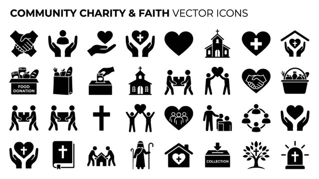 Community charity faith vector silhouette icon sheet with solid black helping hands food donation box church building heart on white background