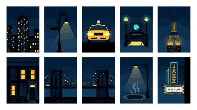 Flat Vector Icons of New York City at Night, Featuring Iconic Landmarks and Scenes, Including Skyscrapers, Yellow Taxi, Brooklyn Bridge, and Jazz Club Sign, Dark Blue Ambiance with Yellow and Teal