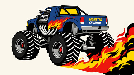 Blue Monster Truck "Monster Crusher" with Flames and Exhaust Smoke, Flat Vector Illustration in Rear 3/4 View, Bold Graphic Style with Bright Colors and Clean Lines © fafa