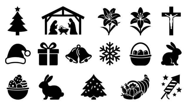 American holiday traditions vector silhouette icon sheet with sharp black Christmas tree nativity scene Easter lily crucifix shapes on white