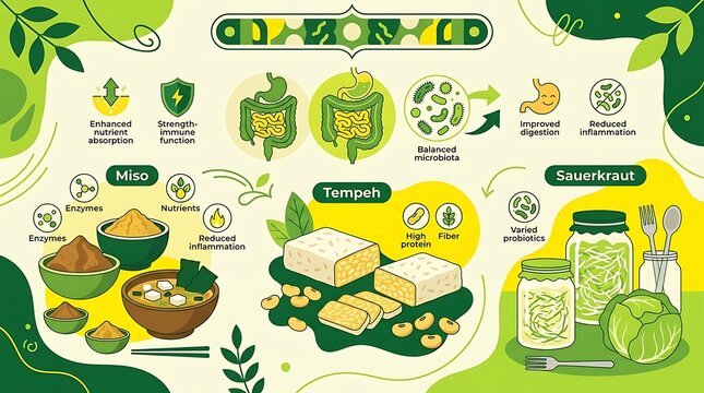 Gut health infographic featuring miso tempeh and sauerkraut