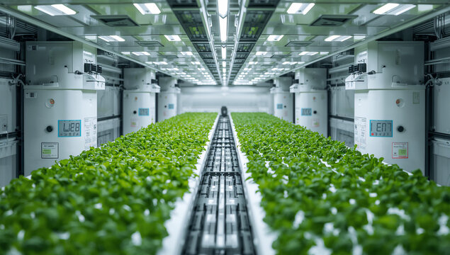 都市型ラボで育つ水耕栽培の葉野菜と設備
