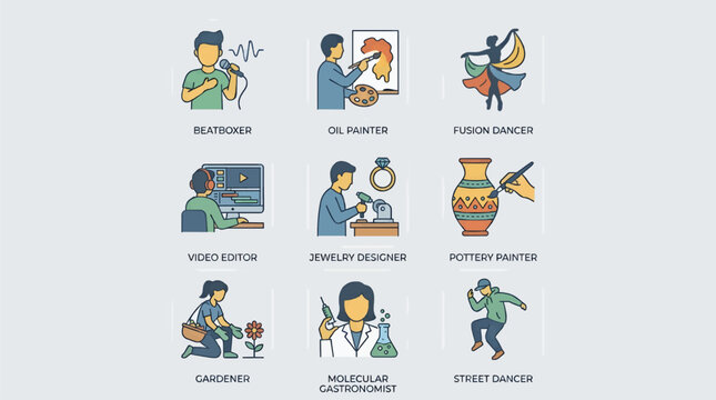 Flat Design Icons of People Engaged in Creative Hobbies and Professions, Including Beatboxer, Oil Painter, Fusion Dancer, Video Editor, Jewelry Designer, Pottery Painter, Gardener, Molecular