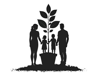 A family stands together around a growing plant in a pot © Zidnas