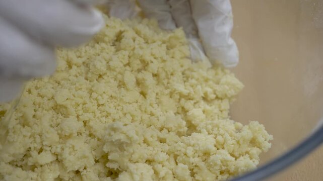 Hands in gloves rub cold butter into flour for tart dough. Crumbly texture forms base for fruit pie. Classic baking technique shows tradition