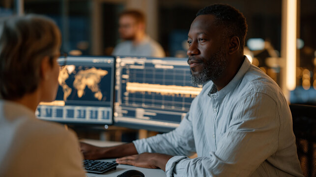 Interplanetary internet latency simulation technician demonstrates real-time communication delay for journalist visiting research center, dual screens showing Earth-Mars signal