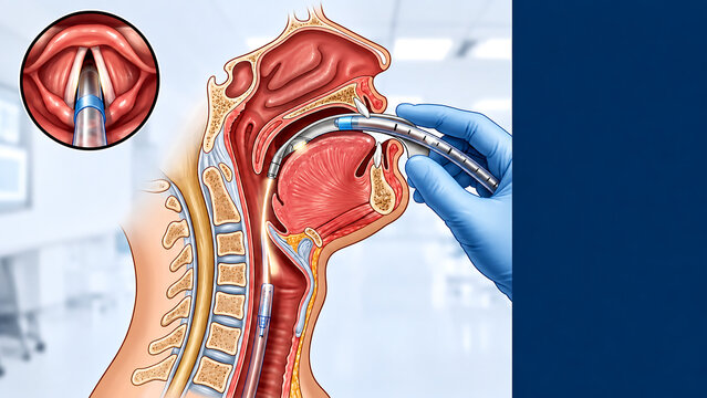 Endotracheal intubation procedure cross section illustration with vocal cords camera view, blank copy space