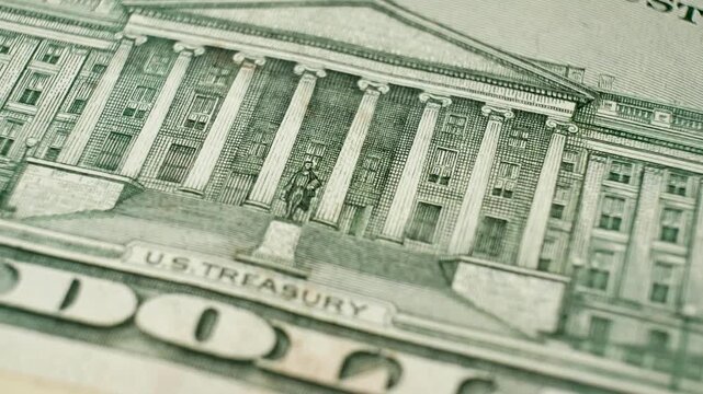 Reverse side of ten dollar bill with United States Department of the Treasury. Recognized legal currency supporting trade, contracts, and national financial system through regulated economic policies