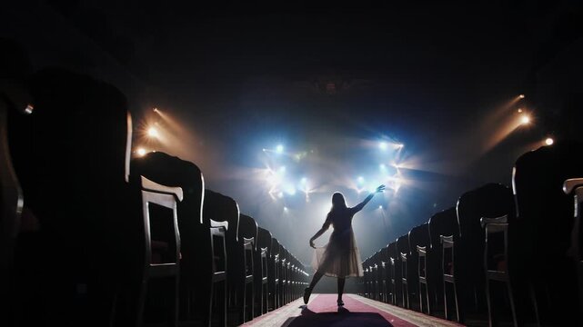 Cinematic Full Length Silhouette of Female Contemporary Dancer Performing Graceful Move in Dramatic Stage Lights