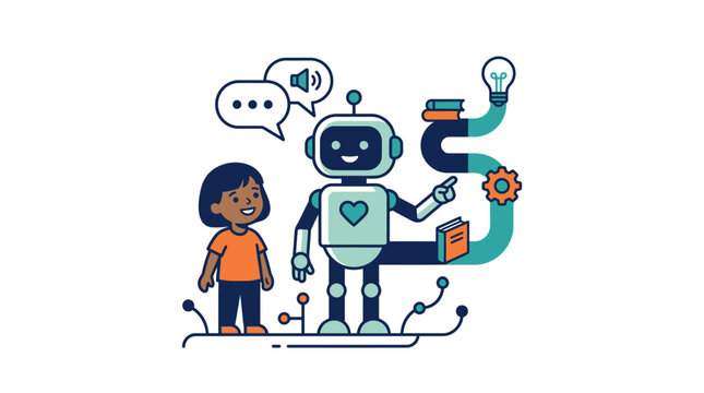 Child learning with AI robot tutor for STEM education.