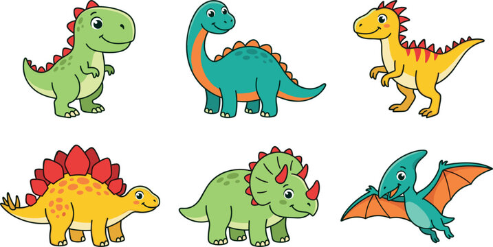 Cute cartoon dinosaur vector icon set featuring smiling happy tyrannosaurus rex triceratops stegosaurus and pterodactyl isolated on white background for kids designs