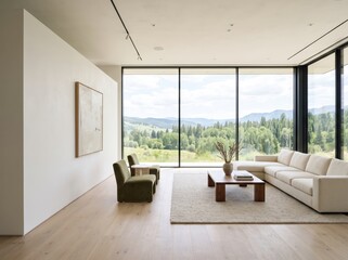 Obraz premium Modern Minimalist Living Room with Scenic Mountain View and Natural Light