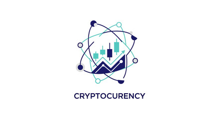 Cryptocurrency trading chart with orbiting atomic network lines. © Oktavia