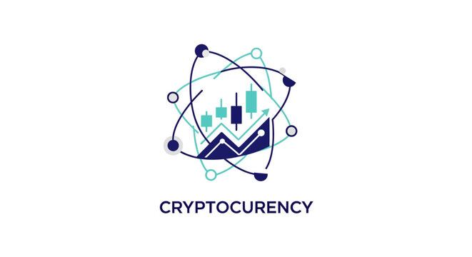 Cryptocurrency trading chart with orbiting atomic network lines.