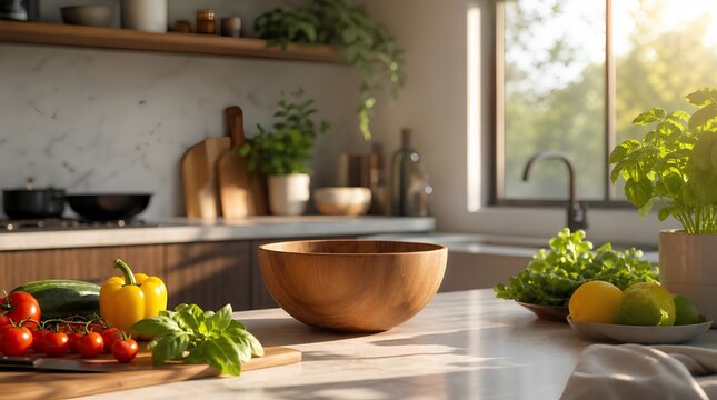 Sunlit modern kitchen counter with a wooden bowl, colorful fresh vegetables including tomatoes, yellow pepper and greens, herbs and plants in the background for a healthy cooking scene.