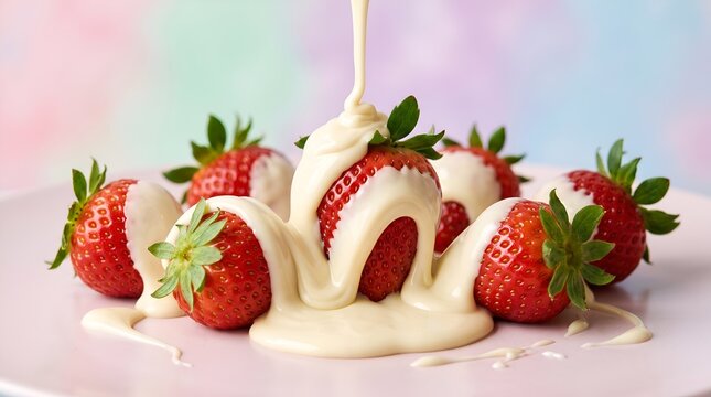 Fresh red strawberries drizzled with melted white chocolate on a pastel bokeh background