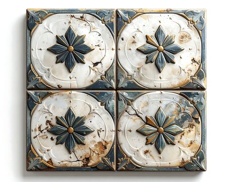 Four square ceramic tiles with pressed flowers and leaves.