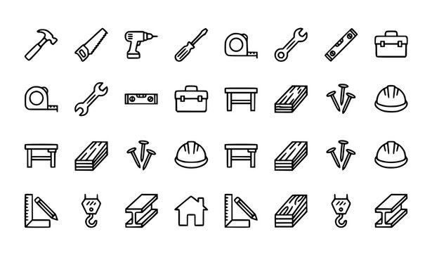 Carpenter tools editable stroke icon collection vector