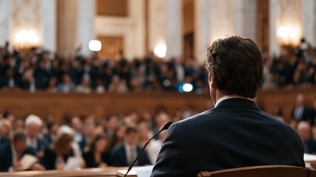 Congressional hearing chamber focused on witness at microphone testifying before elevated committee panel, senators taking handwritten notes while press corps floods the gallery