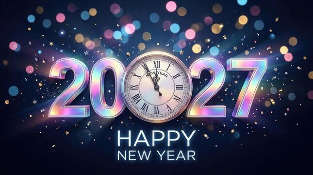 Colorful holographic 2027 new year celebration with clock and confetti background