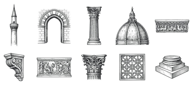 Architectural elements icons set. Ancient and classical building details concept. Includes minaret, archway, column, dome, frieze, corbel, relief, capital, grille, pedestal. Engraved black