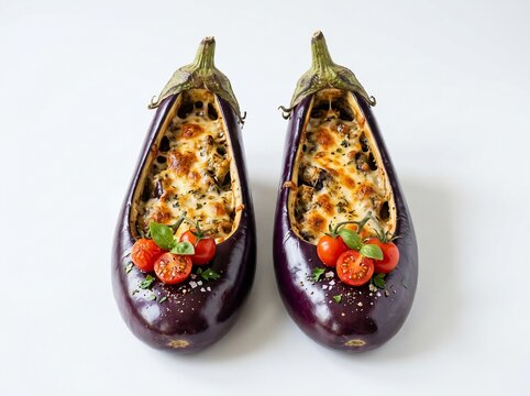 Stuffed eggplant halves with cheese and cherry tomatoes isolated