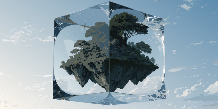 Illustration of a floating island with a tree in a transparent geometric frame digital art landscape design island environment artistic representation geometric shape abstract art imaginary lan