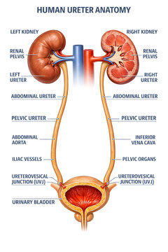 Human Ureter Anatomy Medical Illustration with Renal Pelvis, Urinary Bladder and Ureter Wall Labels

