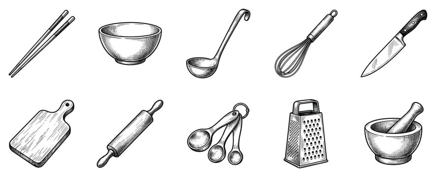 Kitchen utensil icons set. Cooking and culinary tools concept. Includes chopsticks, bowl, ladle, whisk, knife, cutting board, rolling pin, measuring spoons, grater, mortar and pestle
