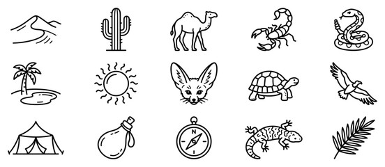 Fototapeta premium Desert life icons set. Arid environment and wildlife concept. Includes sand dune, cactus, camel, scorpion, snake, palm tree, sun, fennec fox, turtle, eagle, tent, water bottle, compass,