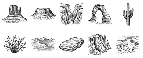 Obraz premium Desert landscape icons set. Arid environment and natural formations concept. Includes butte, mesa, canyon, arch, cactus, tumbleweed, sand dune, rock, cliff, dry riverbed. Hand-drawn doodle