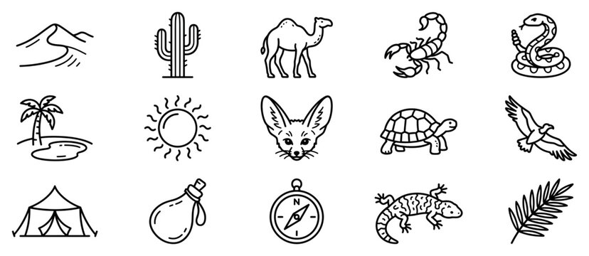 Desert life icons set. Arid environment and wildlife concept. Includes sand dune, cactus, camel, scorpion, snake, palm tree, sun, fennec fox, turtle, eagle, tent, water bottle, compass,