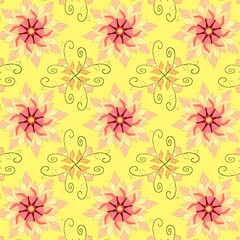 Fototapeta premium Vibrant seamless floral pattern with warm pink and orange flower motifs on a yellow background.
