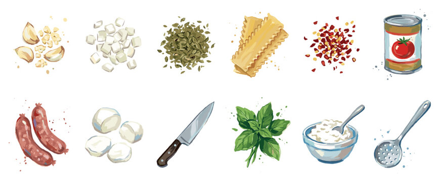 Lasagna ingredients icons set. Italian cuisine cooking concept. Includes garlic, onion, oregano, lasagna noodles, chili flakes, tomato can, sausage, mozzarella, knife, basil, ricotta,