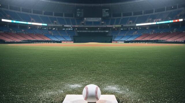 White baseball resting on home plate inside an empty professional sports stadium arena
