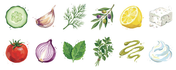 Fototapeta premium Mediterranean food ingredient icons set. Healthy cooking and fresh produce concept. Includes cucumber slice, garlic clove, dill sprig, olive branch, lemon half, feta cheese, tomato, red