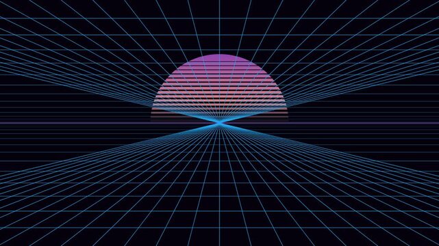 Vertical Abstract seamless loop of synthwave wireframe grid road and pink sun