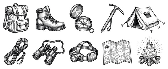 Obraz premium Camping and hiking icons set. Outdoor adventure and exploration concept. Includes backpack, hiking boot, compass, ice axe, tent, rope, binoculars, headlamp, map, campfire. Hand-drawn doodle