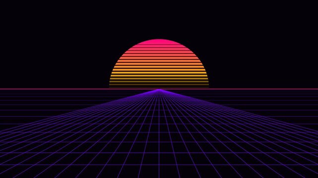 Abstract seamless loop of synthwave double grid road and pink sun