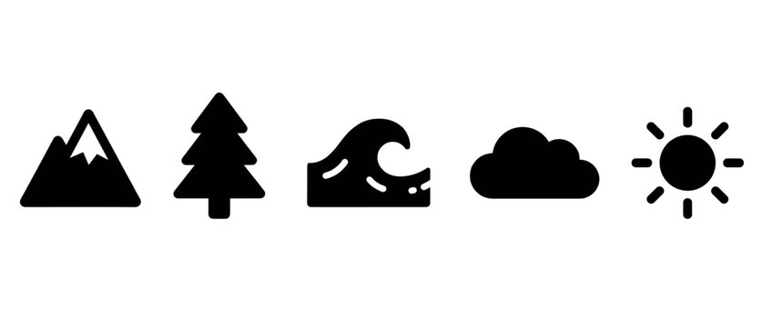 Nature and weather icons set. Outdoor environment and climate concept. Includes mountain, pine tree, ocean wave, cloud, sun. Solid black silhouette style